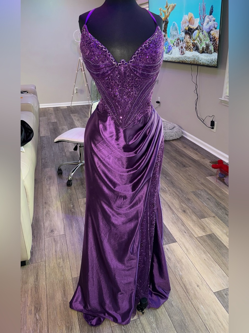 Beaded Purple Satin Prom Gown with Draped Skirt